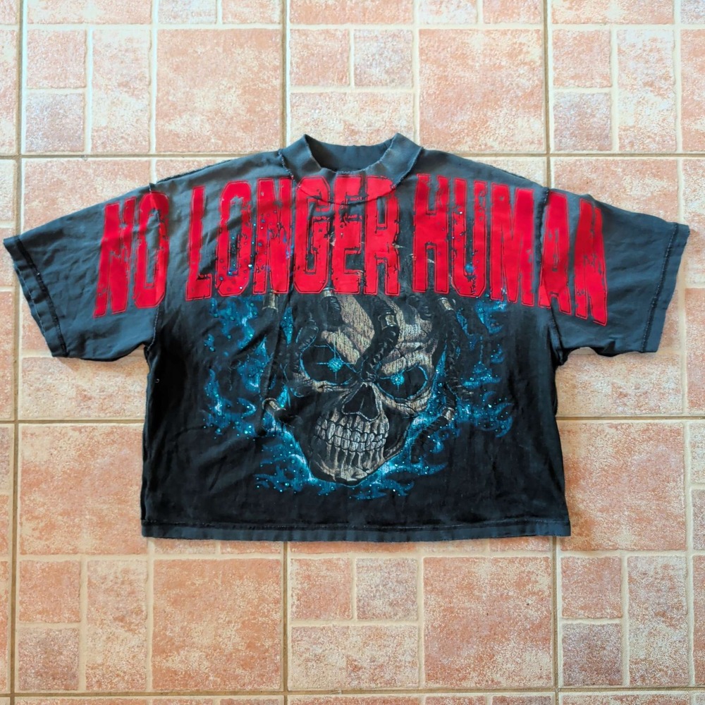 Rare Peace Graphic Tee Womens Medium Black No Longer Human Skull Rhinestone Boxy